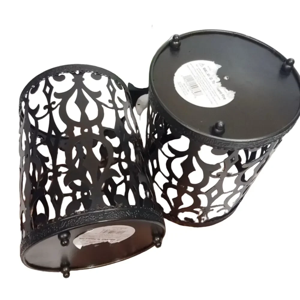 Set of 2 Black Iron Burnout Pillar Candle Holders